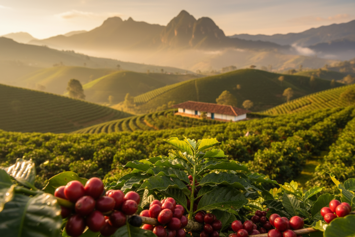 Photorealistic Colombian Coffee Farm with Ripe Cherries