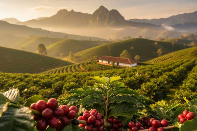 Photorealistic Colombian Coffee Farm with Ripe Cherries