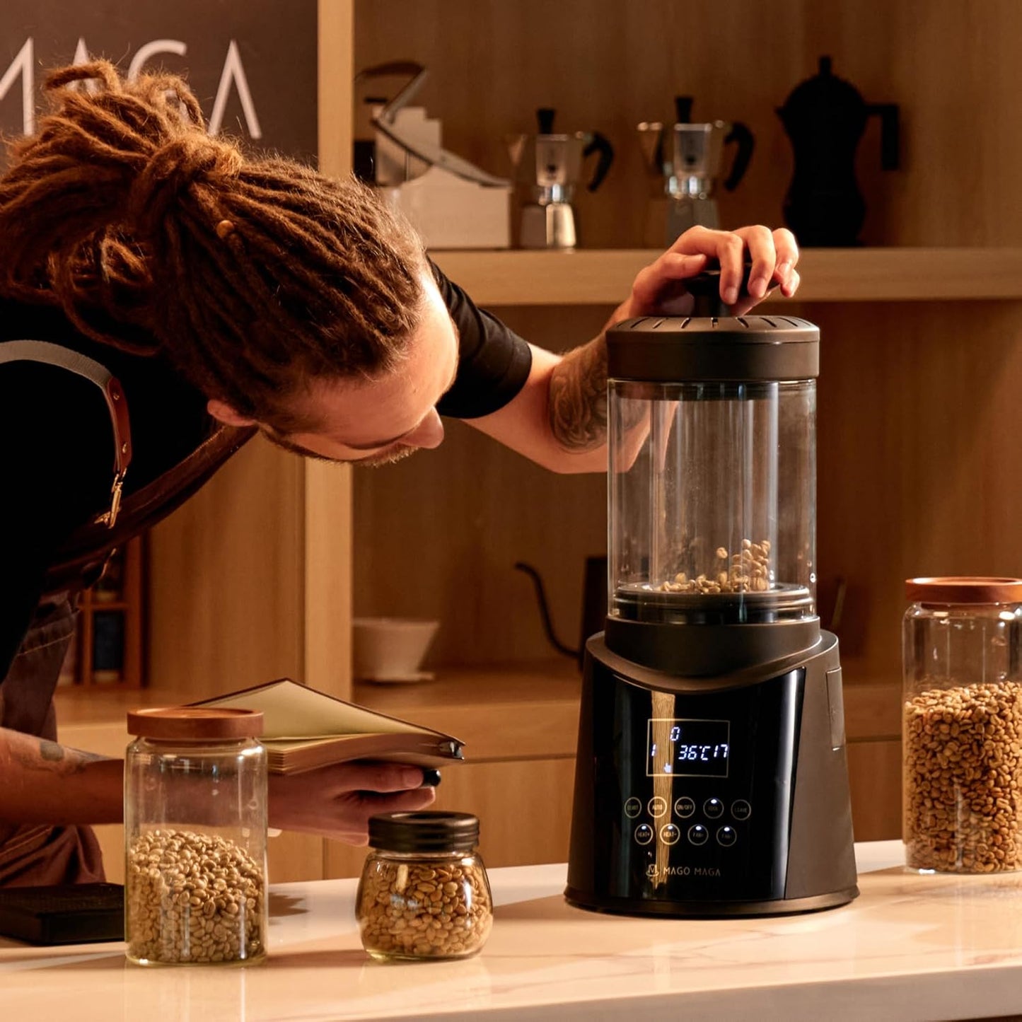 Smart Home Coffee Bean Roaster, Digital Display, Auto and Manual Modes, 300g Capacity Ultra-low Smoke Chaff Collection, Transparent Viewing, Auto-Cooling, 120V,Ver1.5